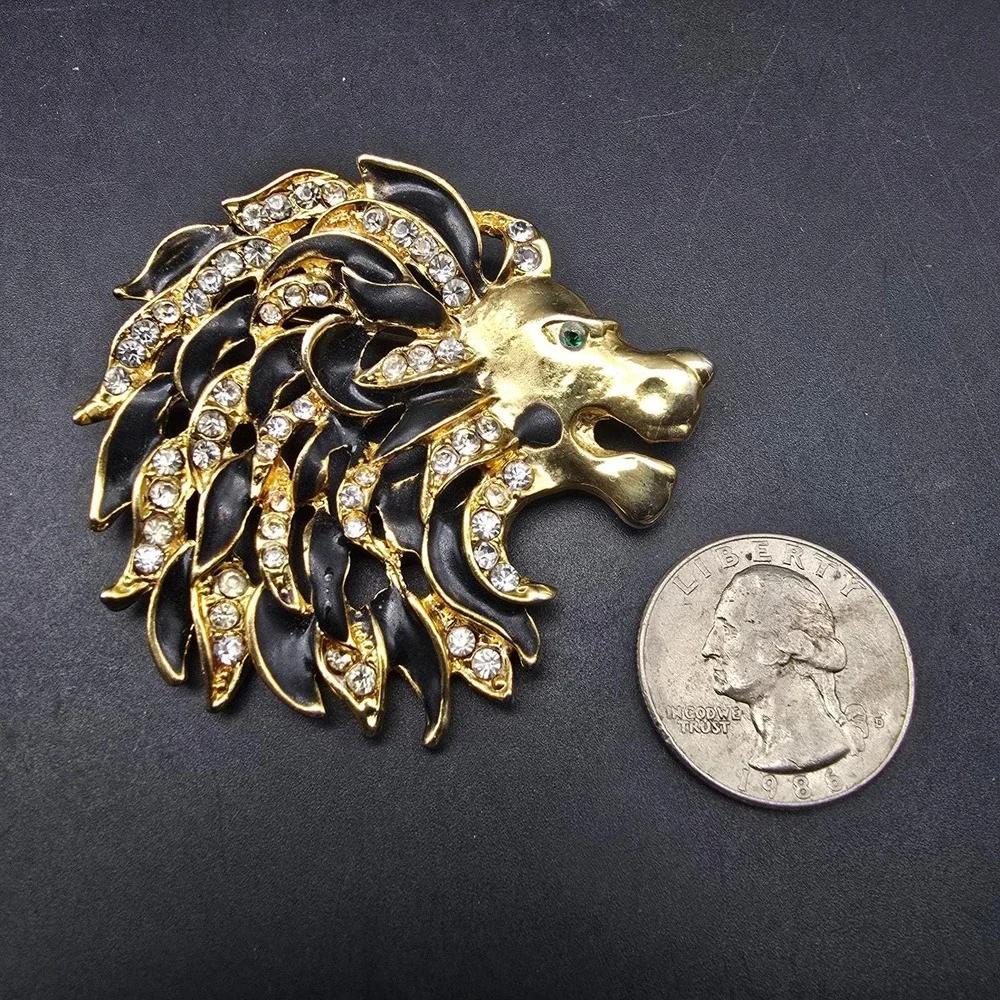 Lion Head Brooch Gold Tone Rhinestone Black Enamel Vintage 1980s Animal Jewelry